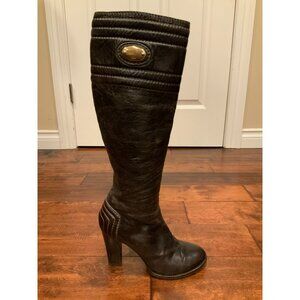 Chloe Authentic Brown Leather Knee High Block Heel Zip-Up Boots, Size 38 | 8